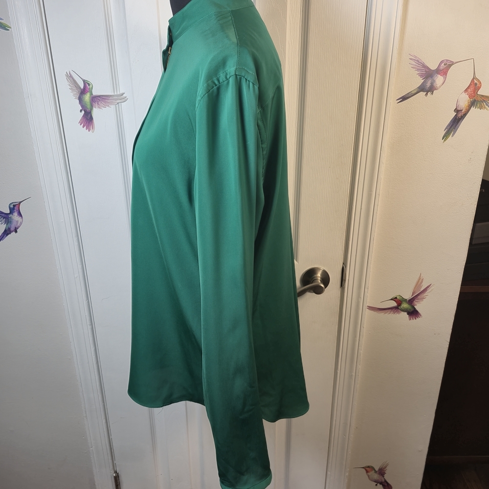 Lauren Ralph Lauren Emerald Green Satin Blouse Band Collar Half Zip Officecore L - Picture 3 of 9